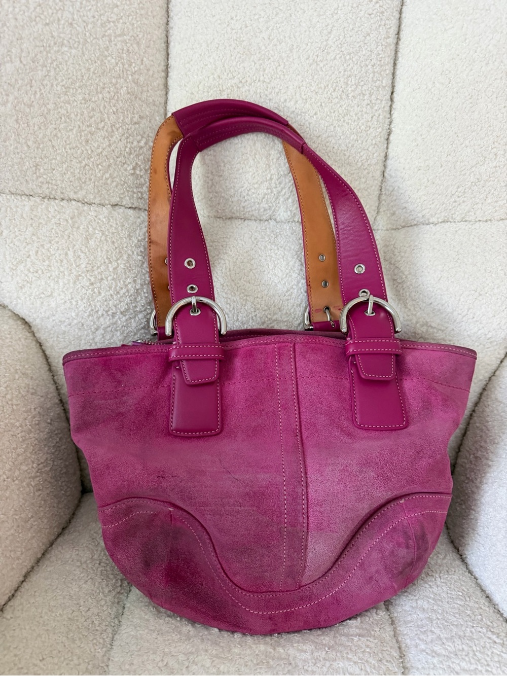 Coach Pink Suede Shoulder Tote with Tan Accent Handles dirty bag see photos